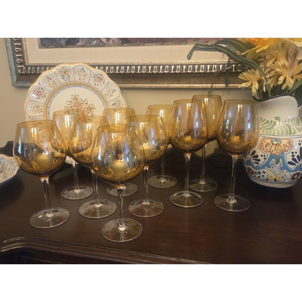 Vintage Amber Art Glass Stemware Set - 10 pc - 7 Red & 3 White Wine Glasses